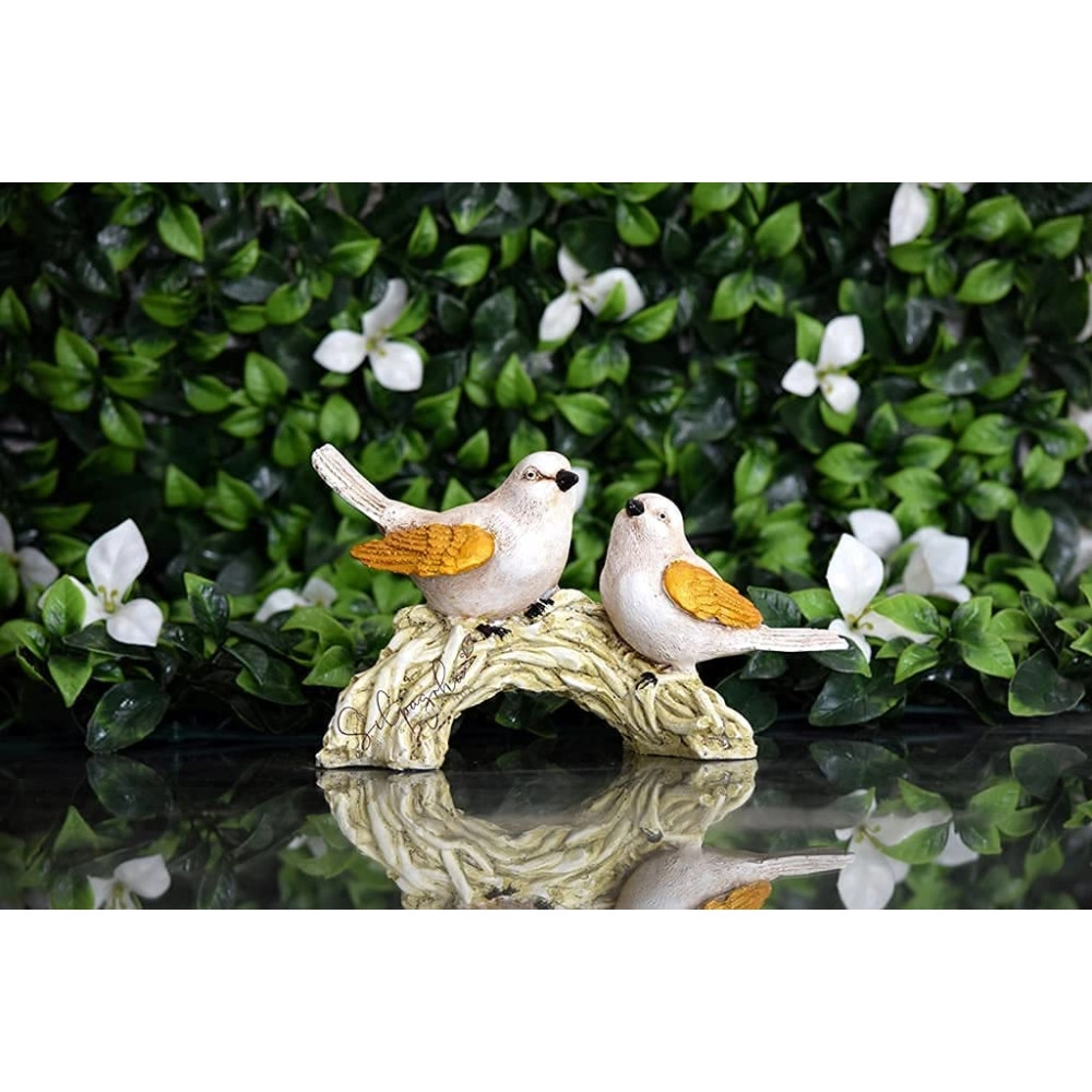 Adorable Bird Figurines on Branch - White and Gold Decorative Statue for Home and Garden