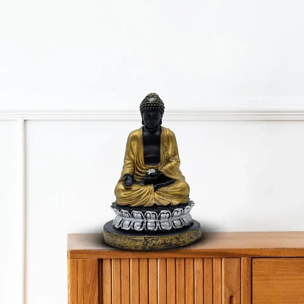 Samadhi Buddha Statue, Black and Gold, 21.6 x 15.2 cm, Silver Lotus Base