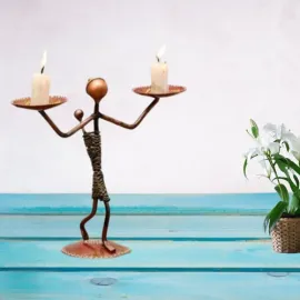 Antique Golden Metal Lady Baby Candle Holder for Table | Handcrafted Tealight Stand for Home & Office Decor