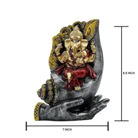 Ganesha Sitting on Conch Shell Statue - Black and Red - Metal/Stone - Home/Office Decor - Auspicious Gift