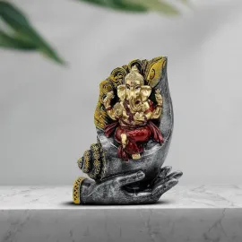 Ganesha Sitting on Conch Shell Statue - Black and Red - Metal/Stone - Home/Office Decor - Auspicious Gift