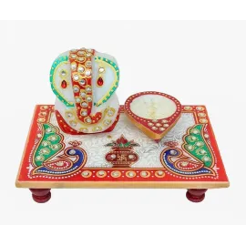 Handcrafted Marble Ganesha Chowki with Diya Decorative PUJA Thali Set for Roli, Chawal, Temple & Home decor Festive Diwali & Ganesh Chaturthi Gift
