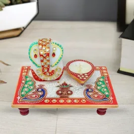 Handcrafted Marble Ganesha Chowki with Diya Decorative PUJA Thali Set for Roli, Chawal, Temple & Home decor Festive Diwali & Ganesh Chaturthi Gift