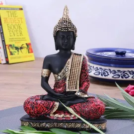 Elegant Resin Seated Buddha Statue, Black & Red with Gold Accents, Meditating Zen Figurine for Home Decor, Yoga, Altar & Feng Shui Gift